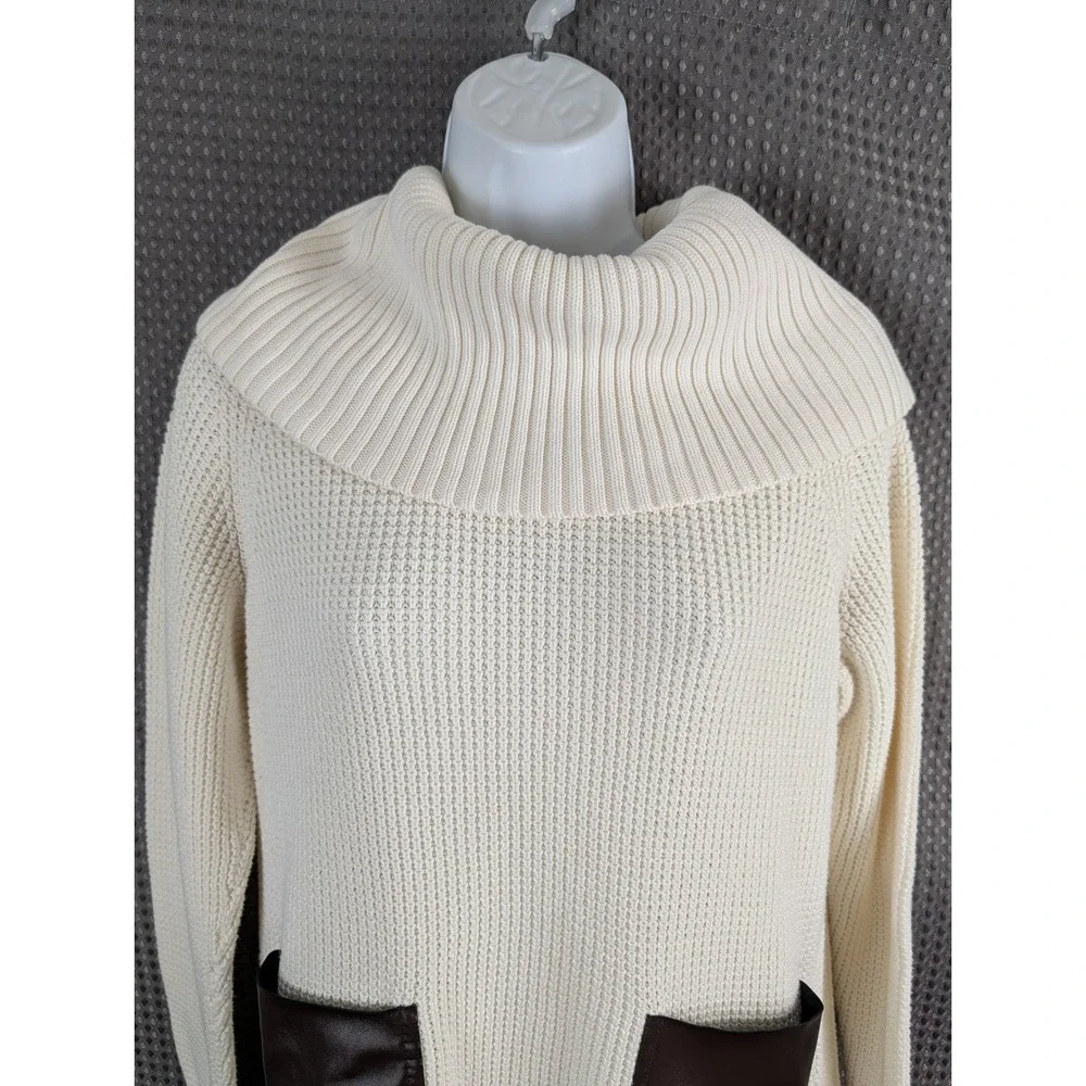 Michael‎ Kors Womens Cream Knit Cowl Neck Sweater Leather Pocket Pullover Chunky